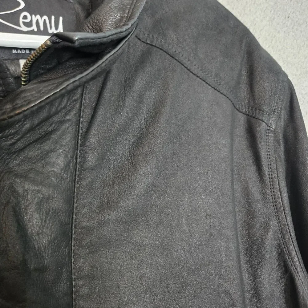 Remy Leather Jacket Mens 42 Black Full Zip Bomber Coat 9 Elastic Waist